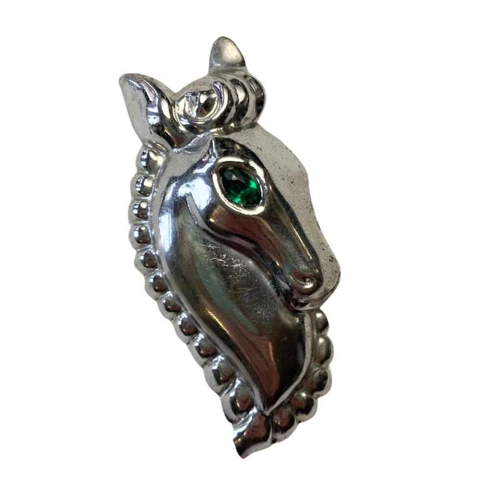 Vintage 1940s Silver Tone Horse Head Brooch Pin with Green Eye